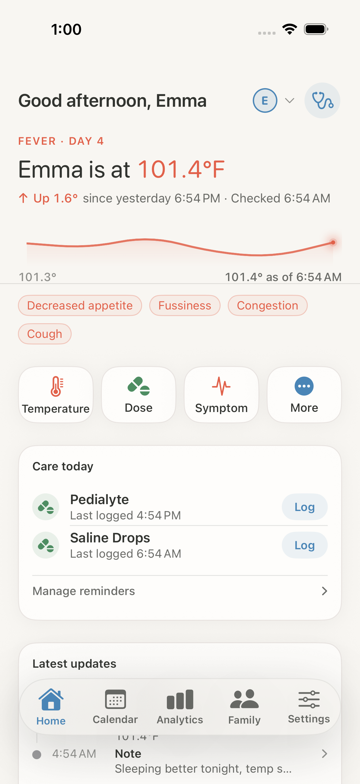 Current Kiddico dashboard showing a child’s fever, symptoms, medication events, and latest updates