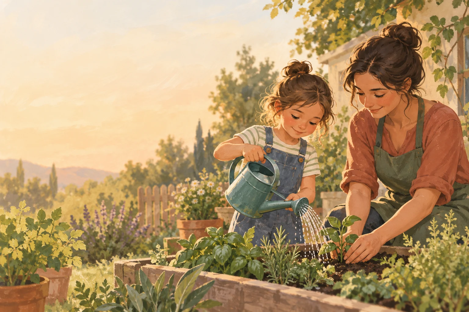 A parent and child tending a sunny vegetable garden together